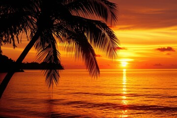 a sunset over the ocean with palm trees, Develop a tropical sunset theme with warm colors