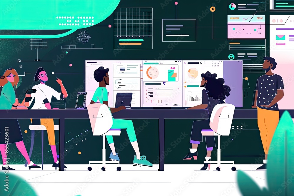 Poster a group of people working on computers in a room, illustrate a dynamic vector scene of a diverse tea