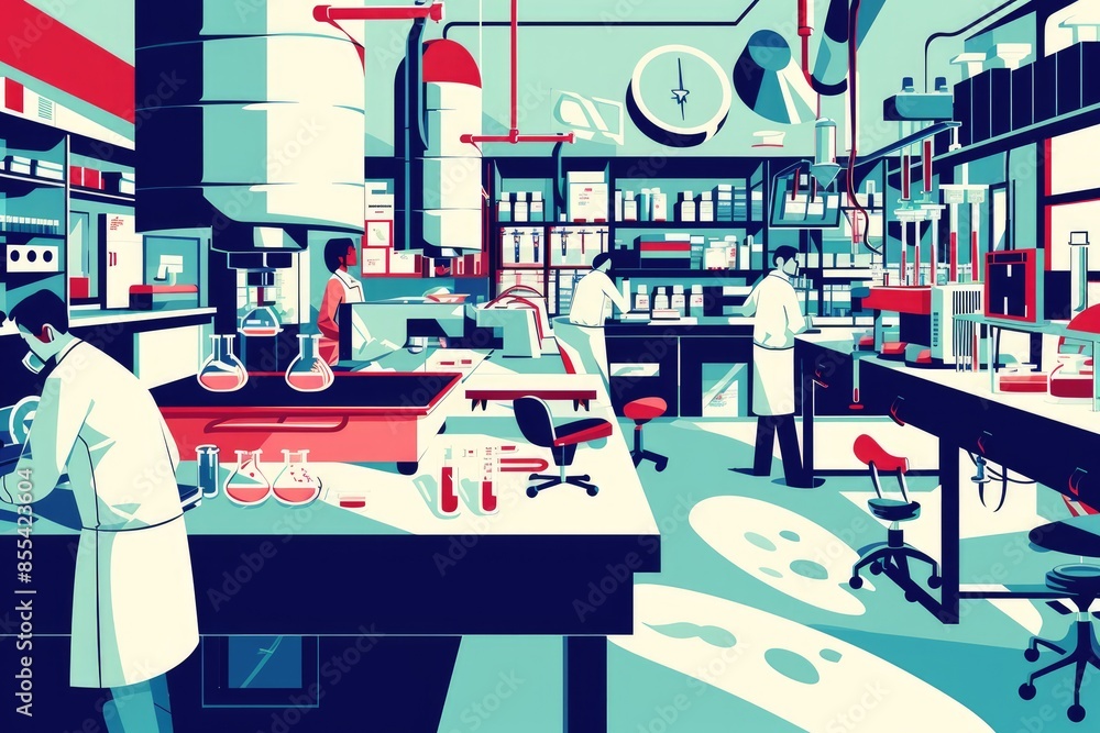 Poster a group of people in a lab with a lot of bottles, Illustrate a dynamic vector scene of a bustling medical laboratory