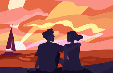 Lovers admire sunset concept. Man and woman sits at beach and watch at sunrise. Romantic meeting and date outdoors. Couple and pair with travel in tropical country. Cartoon flat vector illustration