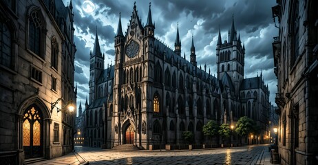 Fototapeta premium gothic castle palace city building at night. medieval goth tower buildings architecture on town street. fantasy dystopian background.