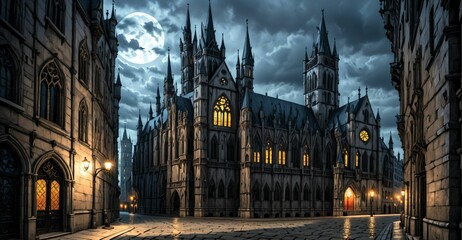 Fototapeta premium gothic castle palace city building at night. medieval goth tower buildings architecture on town street. fantasy dystopian background.