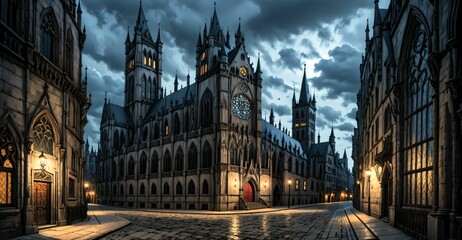 Obraz premium gothic castle palace city building at night. medieval goth tower buildings architecture on town street. fantasy dystopian background.