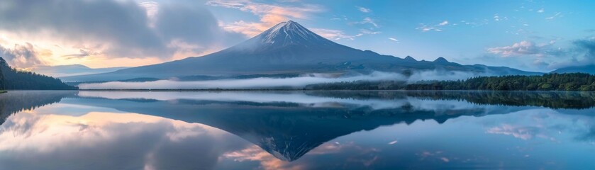 Fototapeta premium A mountain range is reflected in the water of a lake