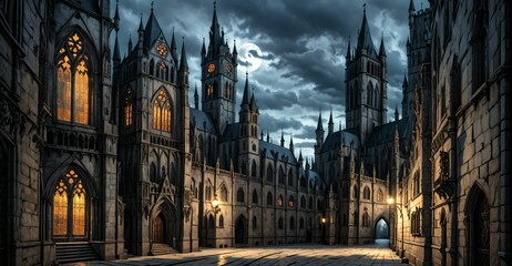 Fototapeta premium gothic castle palace city building at night. medieval goth tower buildings architecture on town street. fantasy dystopian background.