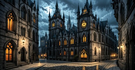 Fototapeta premium gothic castle palace city building at night. medieval goth tower buildings architecture on town street. fantasy dystopian background.