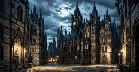 Fototapeta premium gothic castle palace city building at night. medieval goth tower buildings architecture on town street. fantasy dystopian background.