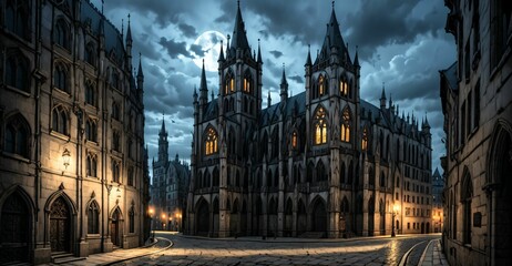 Fototapeta premium gothic castle palace city building at night. medieval goth tower buildings architecture on town street. fantasy dystopian background.