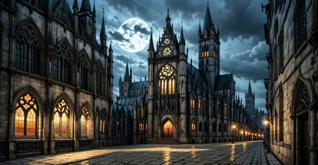 Fototapeta premium gothic castle palace city building at night. medieval goth tower buildings architecture on town street. fantasy dystopian background.