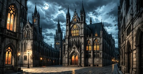 Fototapeta premium gothic castle palace city building at night. medieval goth tower buildings architecture on town street. fantasy dystopian background.