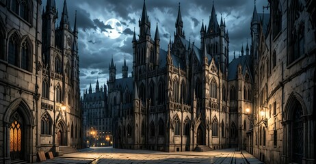 Fototapeta premium gothic castle palace city building at night. medieval goth tower buildings architecture on town street. fantasy dystopian background.