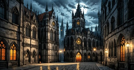 Fototapeta premium gothic castle palace city building at night. medieval goth tower buildings architecture on town street. fantasy dystopian background.