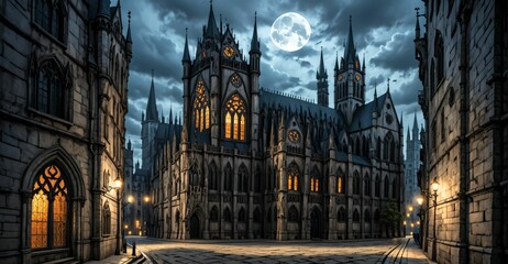 Fototapeta premium gothic castle palace city building at night. medieval goth tower buildings architecture on town street. fantasy dystopian background.