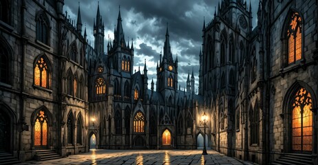 Fototapeta premium gothic castle palace city building at night. medieval goth tower buildings architecture on town street. fantasy dystopian background.