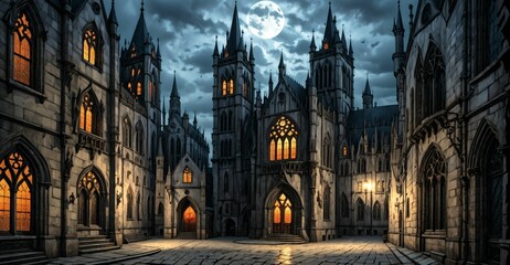 Fototapeta premium gothic castle palace city building at night. medieval goth tower buildings architecture on town street. fantasy dystopian background.