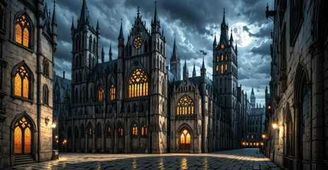 Fototapeta premium gothic castle palace city building at night. medieval goth tower buildings architecture on town street. fantasy dystopian background.