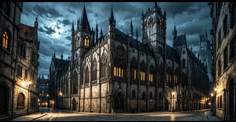 Fototapeta premium gothic castle palace city building at night. medieval goth tower buildings architecture on town street. fantasy dystopian background.