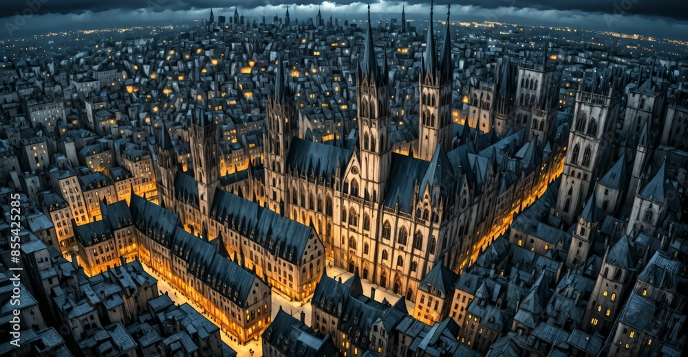 Wall mural gothic city buildings and towers cityscape. aerial view bird's eye view. goth castle palace and hous