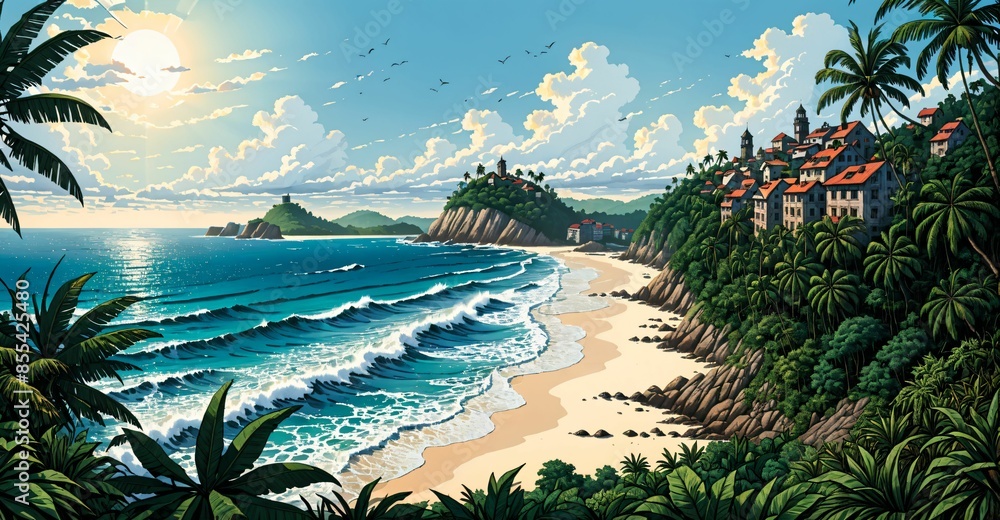 Wall mural island village houses on tropical ocean beach. sea water waves crashing on shore and sand. nature la - Wall murals