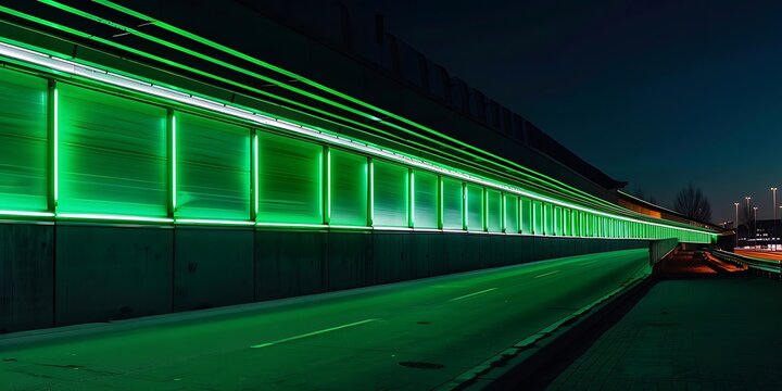 Neones de Badalona: Green LED light bar overpass at night - Generative AI