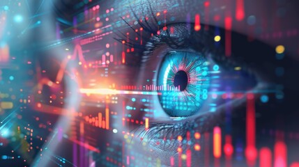 Customer focus in business, abstract human eye with graphs and charts as iris, symbolizing data-driven customer insights