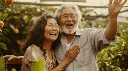 Fototapeta premium A couple of older people are dancing together in a garden. They are smiling and enjoying themselves. Concept of happiness and love between the two people