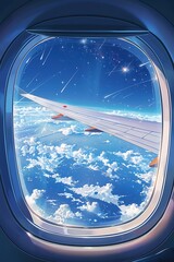 Naklejka premium View from an airplane window with clouds and stars