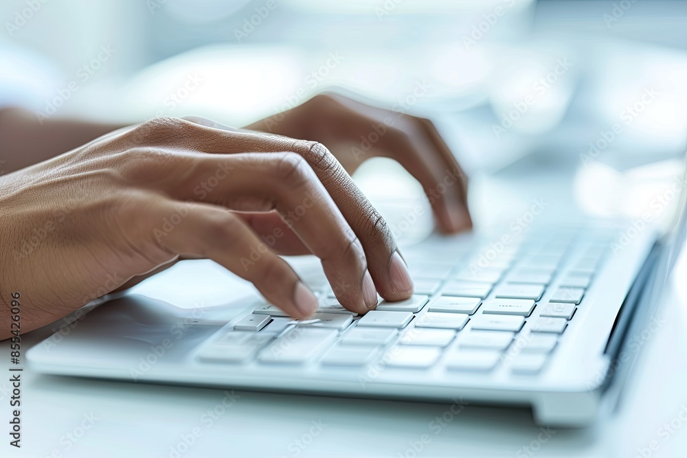 Poster a woman typing on a laptop keyboard, Photograph hands typing on a modern computer keyboard
