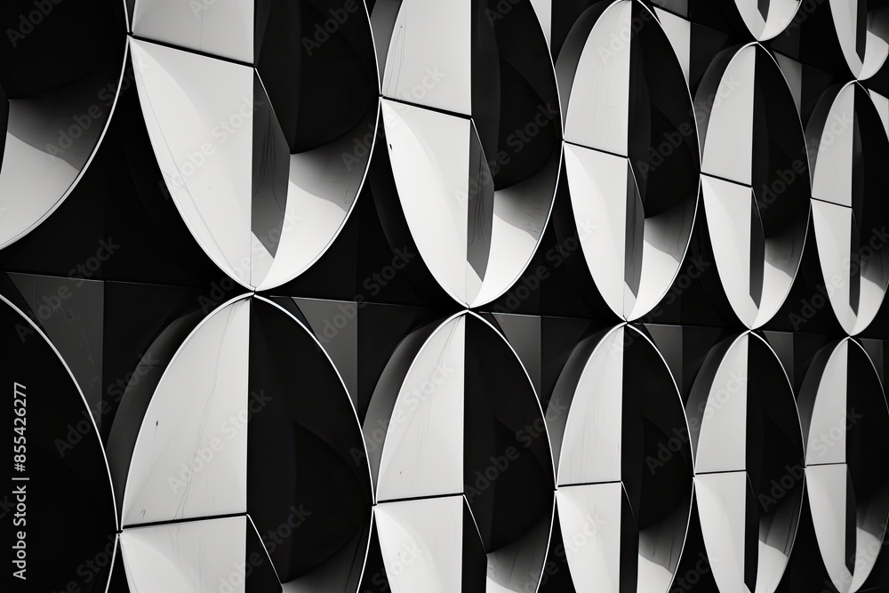 Poster a black and white photo of a building with a lot of circles, Shoot a series of abstract geometric patterns