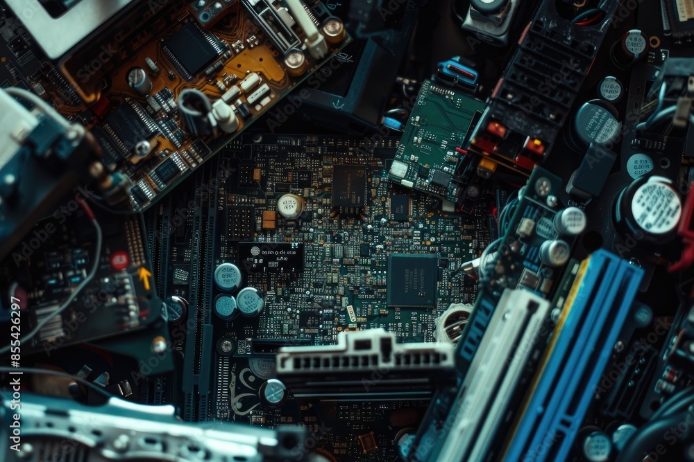 Aufkleber a computer motherboard with a bunch of wires, Shoot a series of close-ups of electronic gadgets