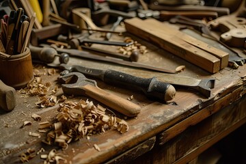 a wooden workbench with two knives and a bowl of wood shaving, Shoot a series of close-ups of woodworking tools