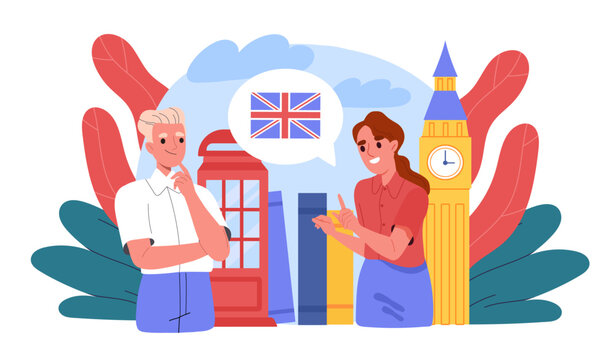 People learn English. Man and woman near traditional British buildings. Characters study foreign language on course. Education and training. Cartoon flat vector illustration isolated on background