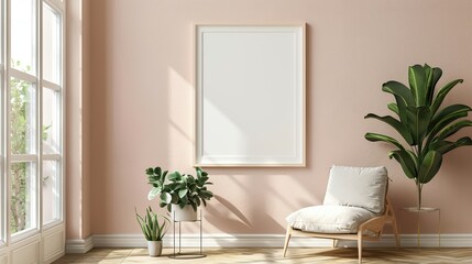 Empty frame on living room wall, modern decor, natural light, home interior, design mockup
