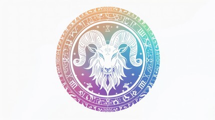 Colorful Zodiac Capricorn symbol with intricate design, featuring a goat surrounded by astrological symbols on a white background.