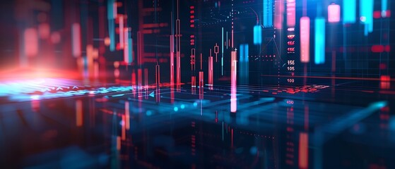 Fototapeta premium Stock market trading graph chart background with blue & red candlestick charts for business concept vector illustration - Generative AI