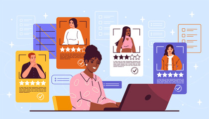 Recruitment process concept. Woman with laptop evaluate candidates to vacancy. HR manager engaged in headhunting. Character compiling employee resume rating. Cartoon flat vector illustration