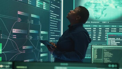 Governmental hacker investigating cyber incidents and monitoring security threats on a big screen. Woman specialist uses phishing techniques to steal important information for cyberwarfare. Camera A.