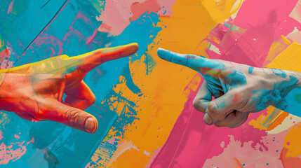 3d retro abstract creative collage artwork template of arms pointing fingers feedback sign isolated painting background