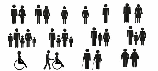 a set of icons depicting human figures, men, women, children, families, adults, families with children, the elderly, people in a wheelchair, with vision problems, health, flat  illustration