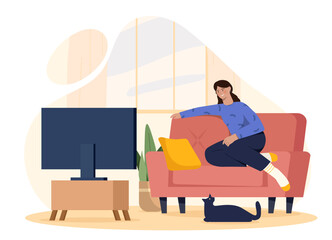 Woman watching television. Girl sitting at comfortable sofa near tv. Evening entertainment and leisure. Character enjoying interesting show. Cartoon flat vector illustration isolated on background