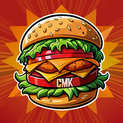 Beef burger with cheese, tomatoes, red onions, cucumber and lettuce on black slate over dark background. Unhealthy food