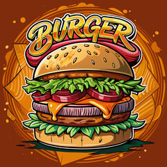 Beef burger with cheese, tomatoes, red onions, cucumber and lettuce on black slate over dark background. Unhealthy food