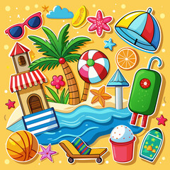 Hand drawn colored set of simple decorative elements. Various icons such as hearts, stars, speech bubbles, arrows, lines isolated on white background.