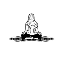 Muslim woman doing lotus yoga in black and white vector illustration