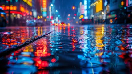 Urban nightscape with city lights reflecting on wet streets, creating a vibrant, dynamic atmosphere