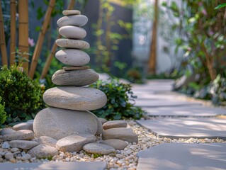 Fototapeta premium Zen stone stack in a tranquil garden, with smooth pebbles balanced perfectly and surrounded by calming greenery