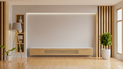 Mockup a cabinet television wall mounted with decoration in white tone room- 3D rendering