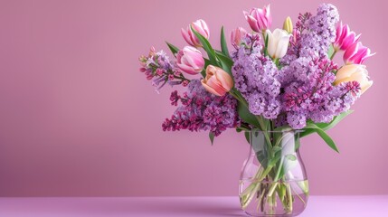 Fototapeta premium lush bouquet of lilacs and tulips in a glass on pastel pink background
