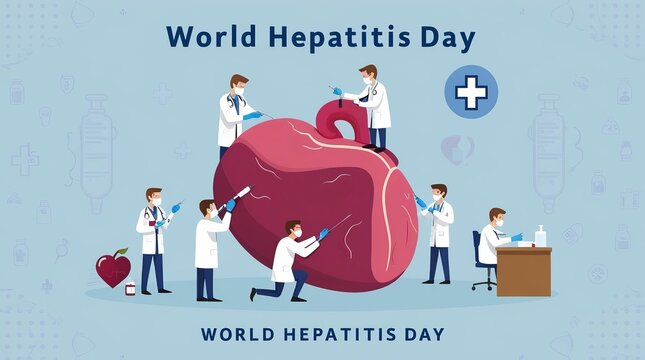 World Hepatitis Day. Illustration of medical professionals working around a large liver. Various medical instruments and symbols are depicted around the liver. - Powered by Adobe