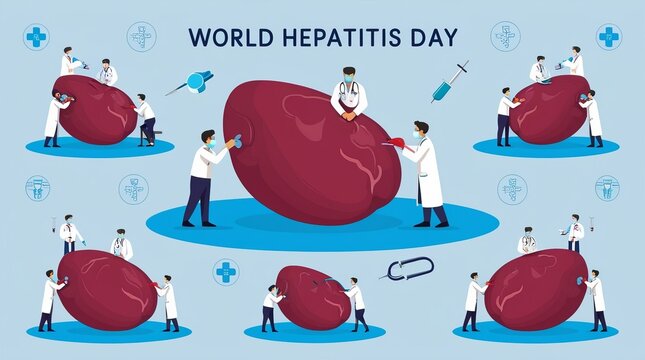World Hepatitis Day. Illustration of medical professionals working around a large liver. Various medical instruments and symbols are depicted around the liver.